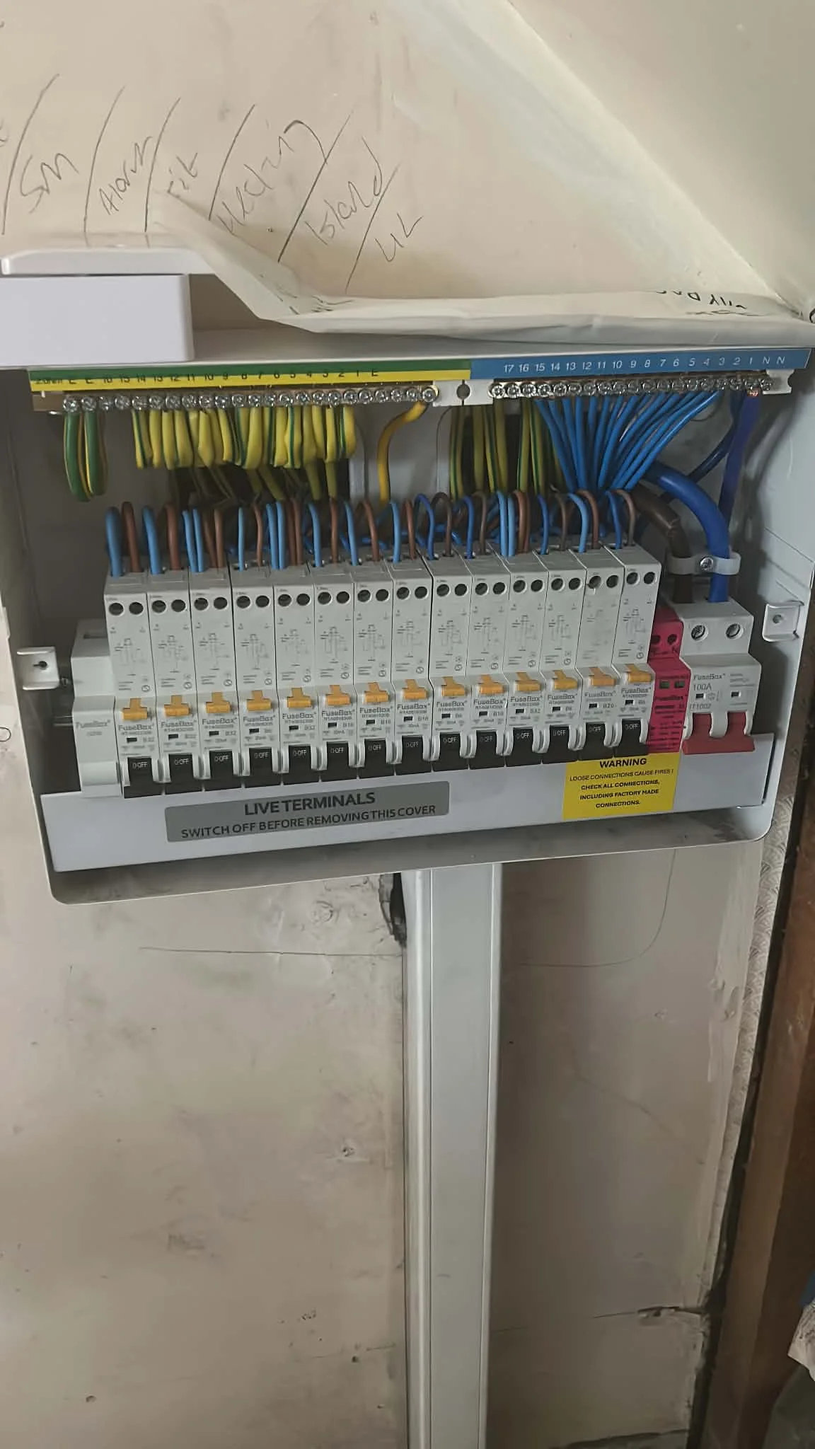 Consumer unit with circuit breakers and wiring